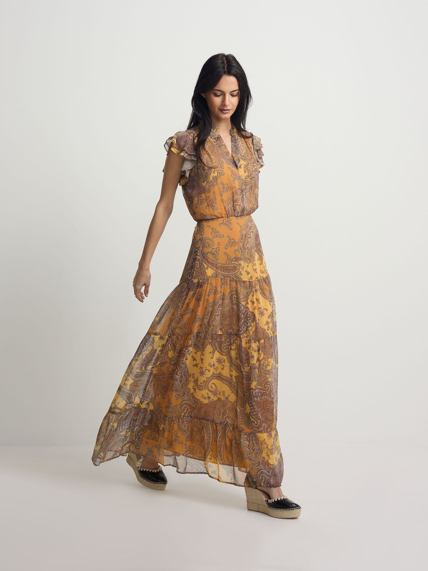 orange print midi flared dress