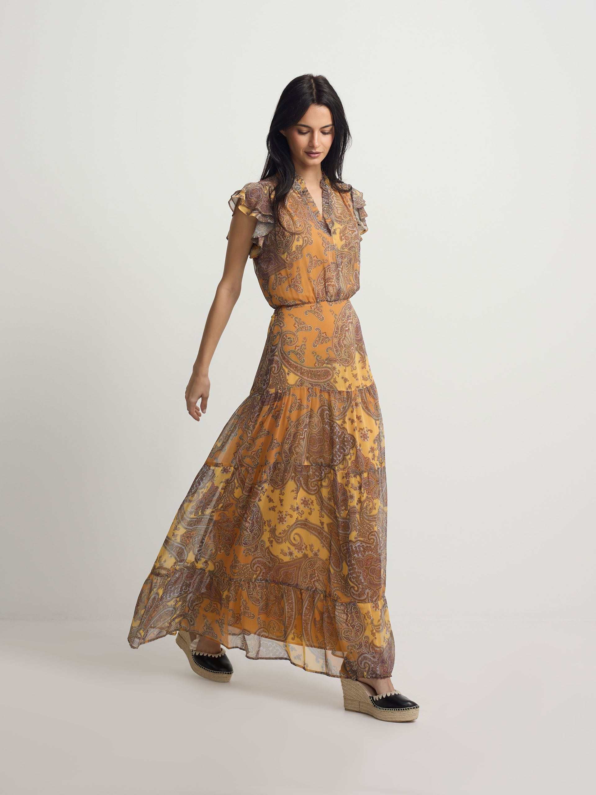 orange print midi flared dress