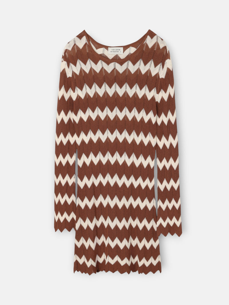 Vestido mini em malha espinha de peixe castanho