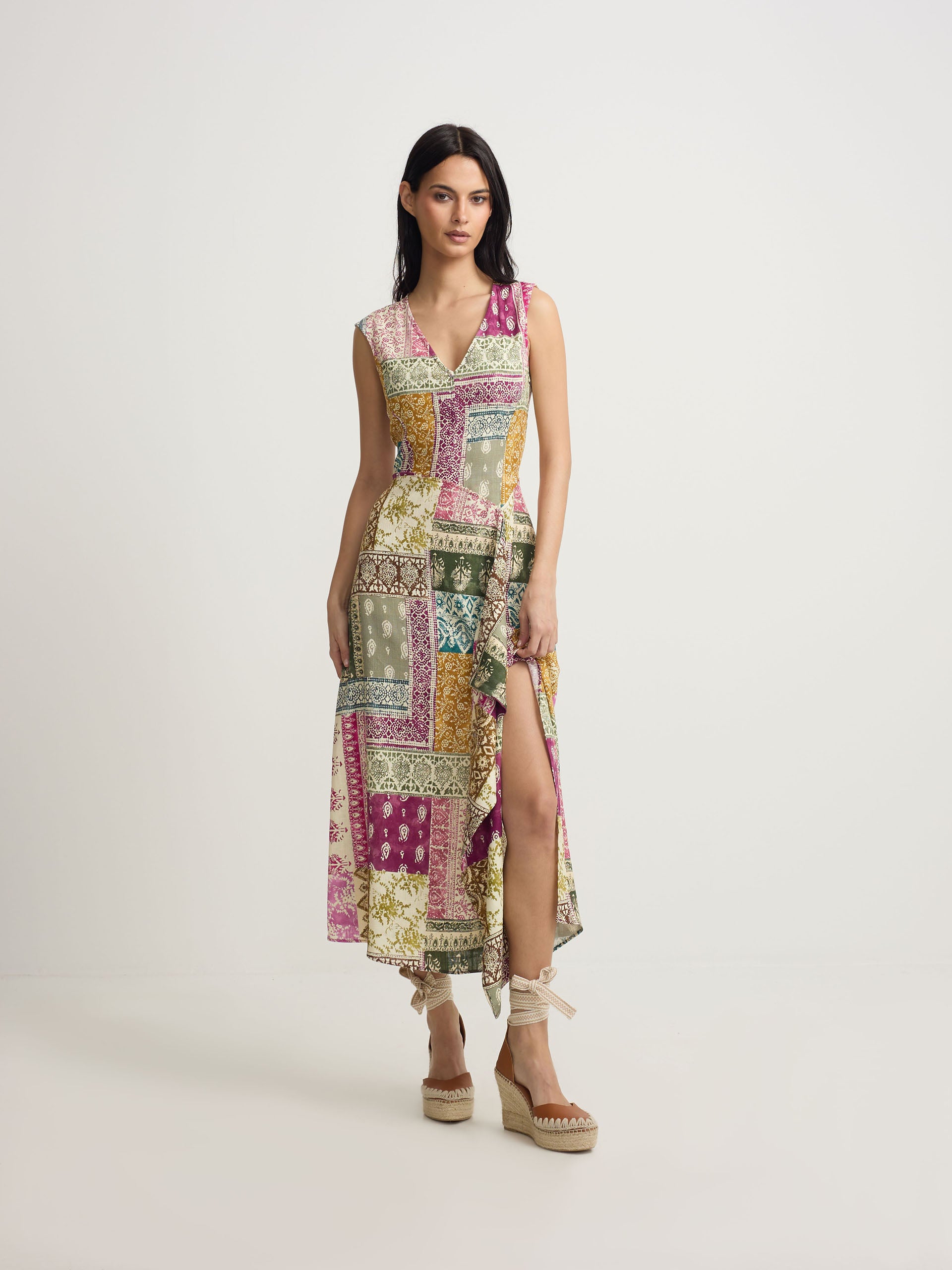 Vestido midi estampado patchwork cores