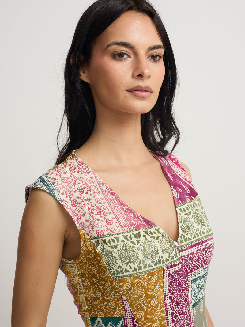 Vestido midi estampado patchwork cores