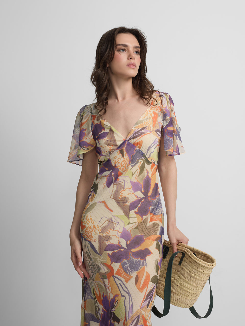 Long dress with purple and orange floral print