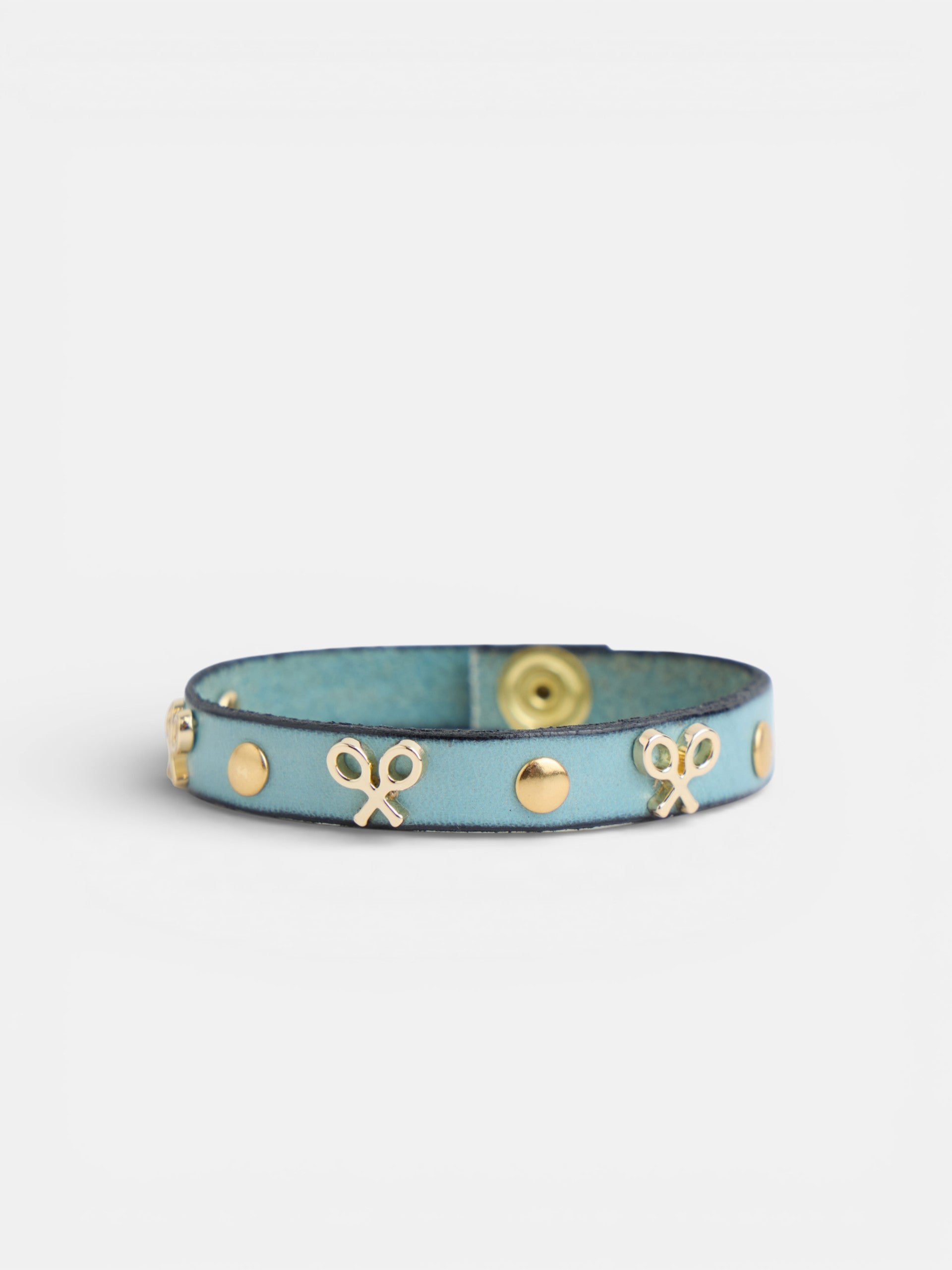 Leather bracelet with logo and aqua green studs