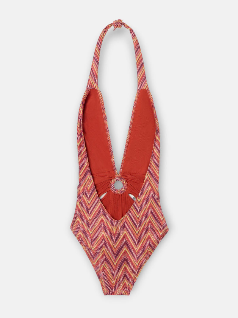 Maillot de bain à col halter motif chevrons roses