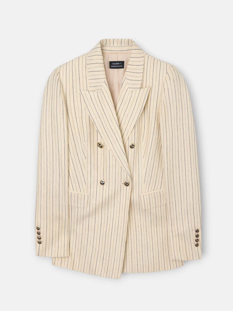 Raw double-breasted blazer with blue stripes
