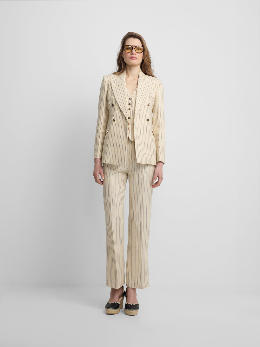 Americana cruzada cruda rayas azules