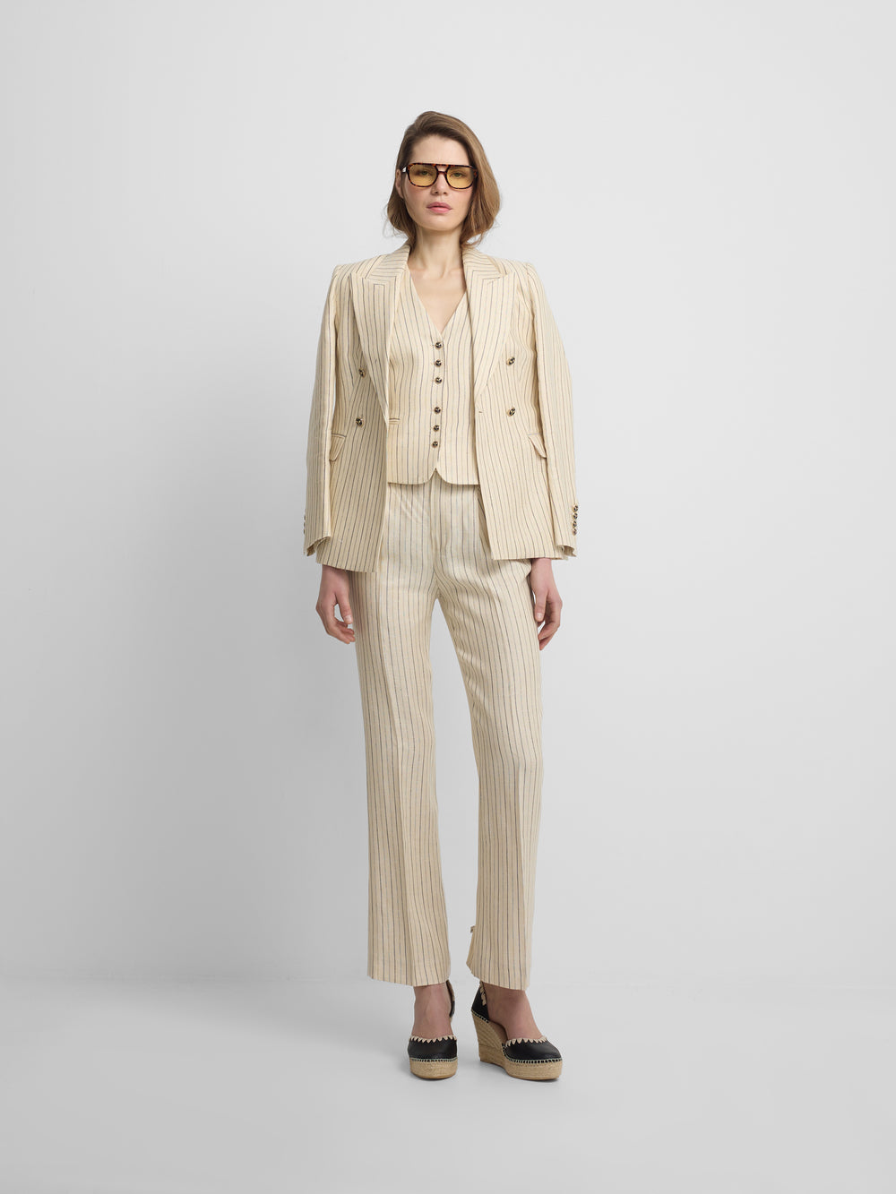 Americana cruzada cruda rayas azules