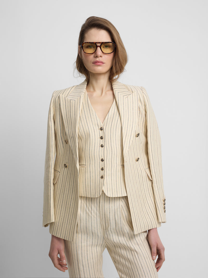 Raw double-breasted blazer with blue stripes