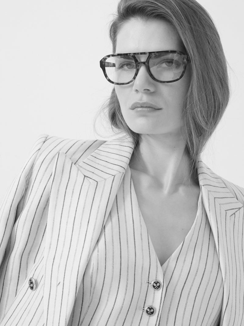 Raw double-breasted blazer with blue stripes
