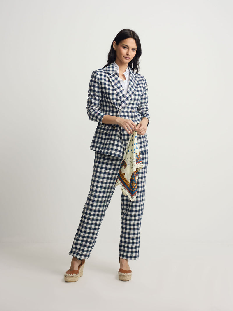 Navy Vichy double-breasted blazer