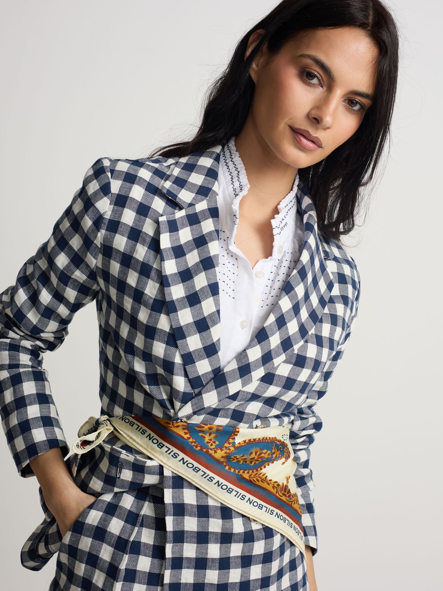 American double-breasted gingham navy