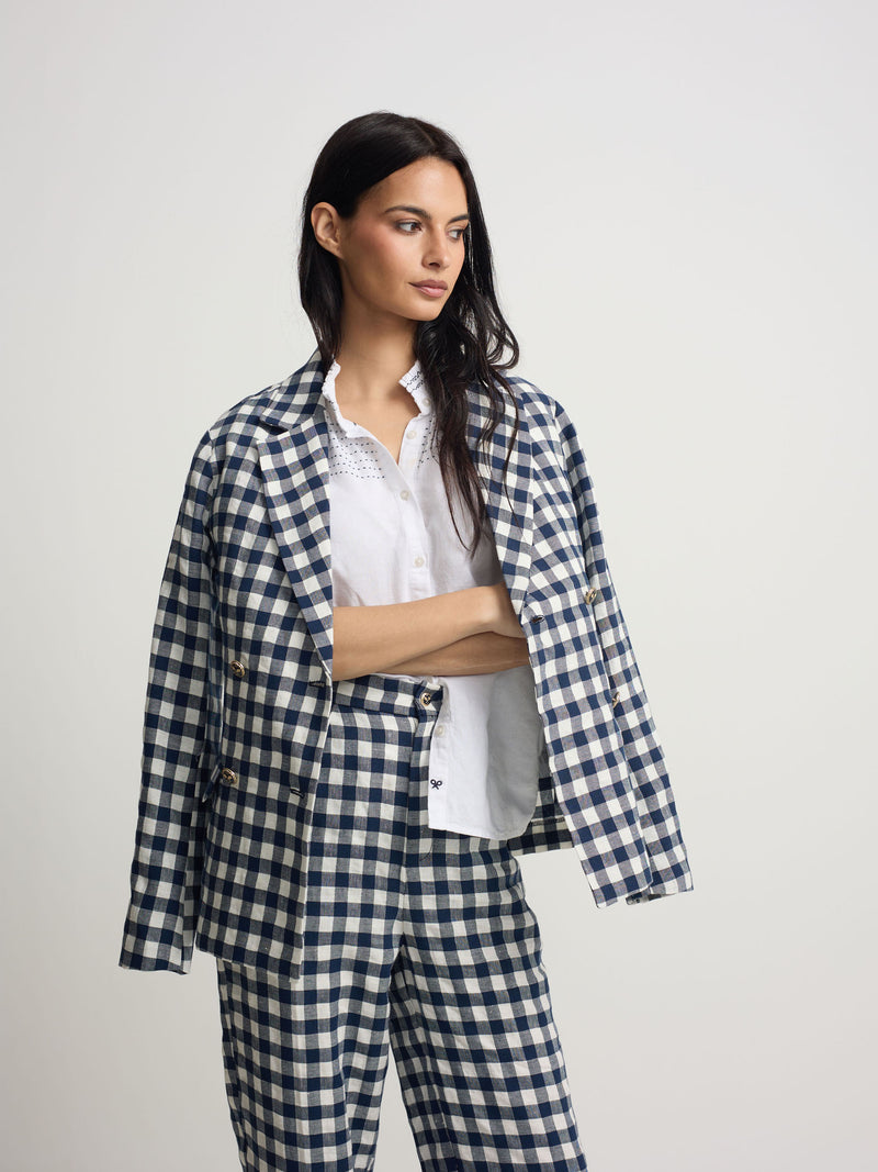 Navy Vichy double-breasted blazer