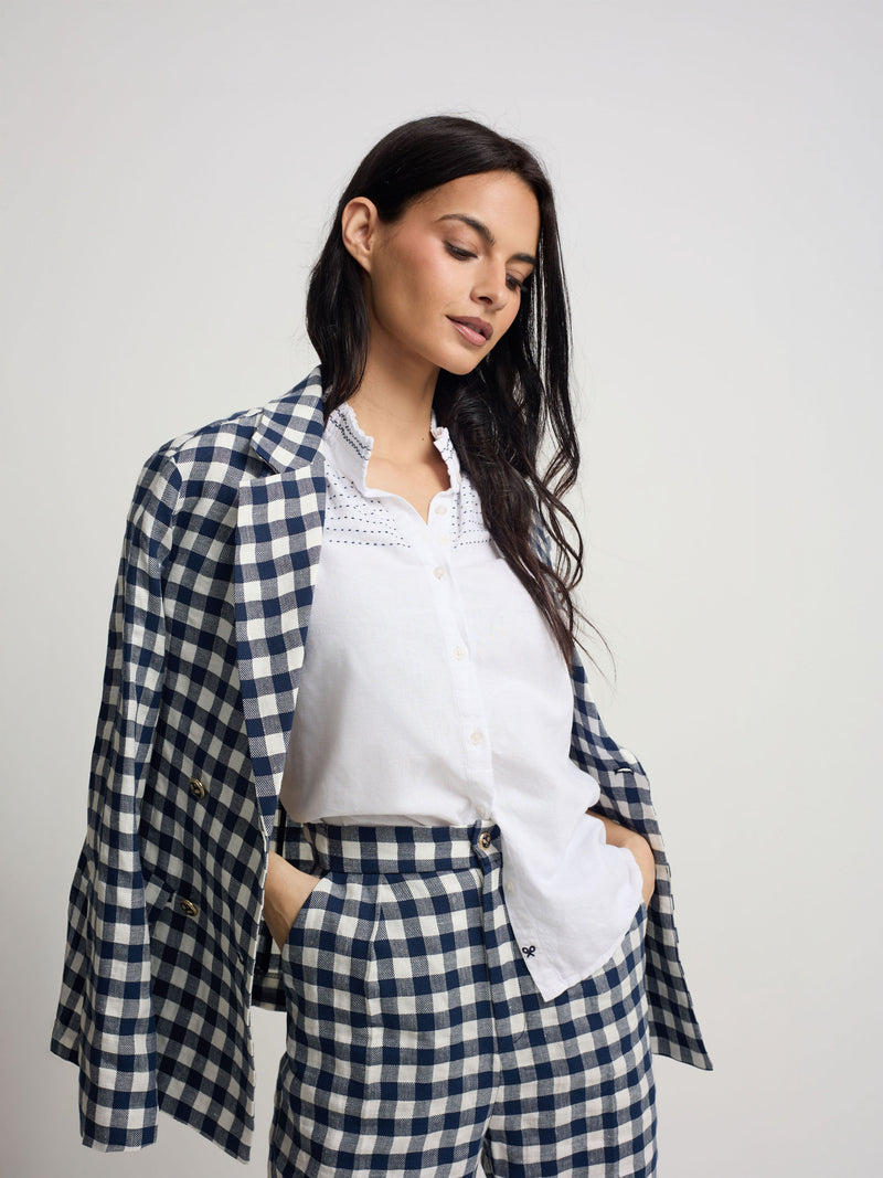 Navy Vichy double-breasted blazer