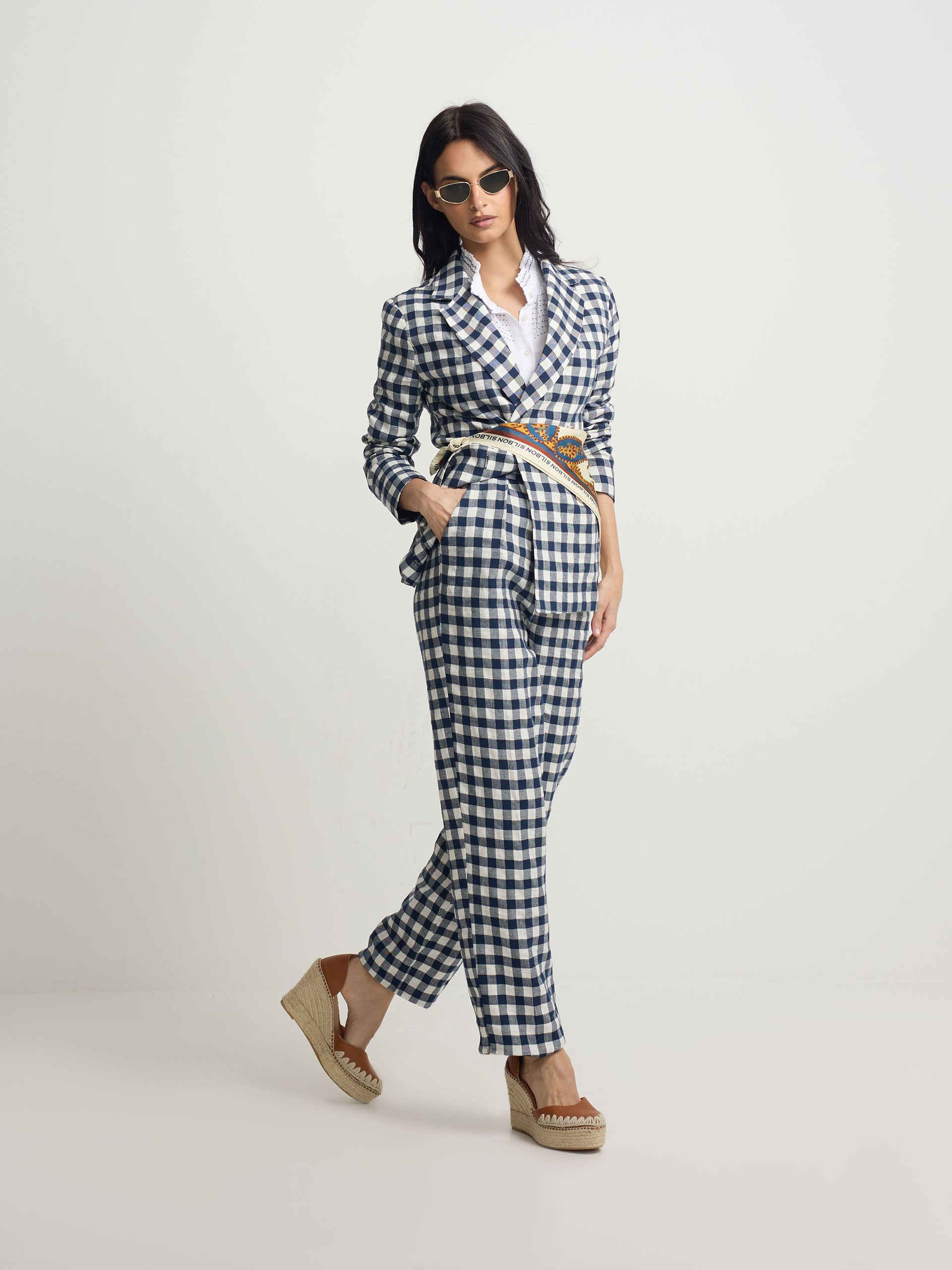 American double-breasted gingham navy