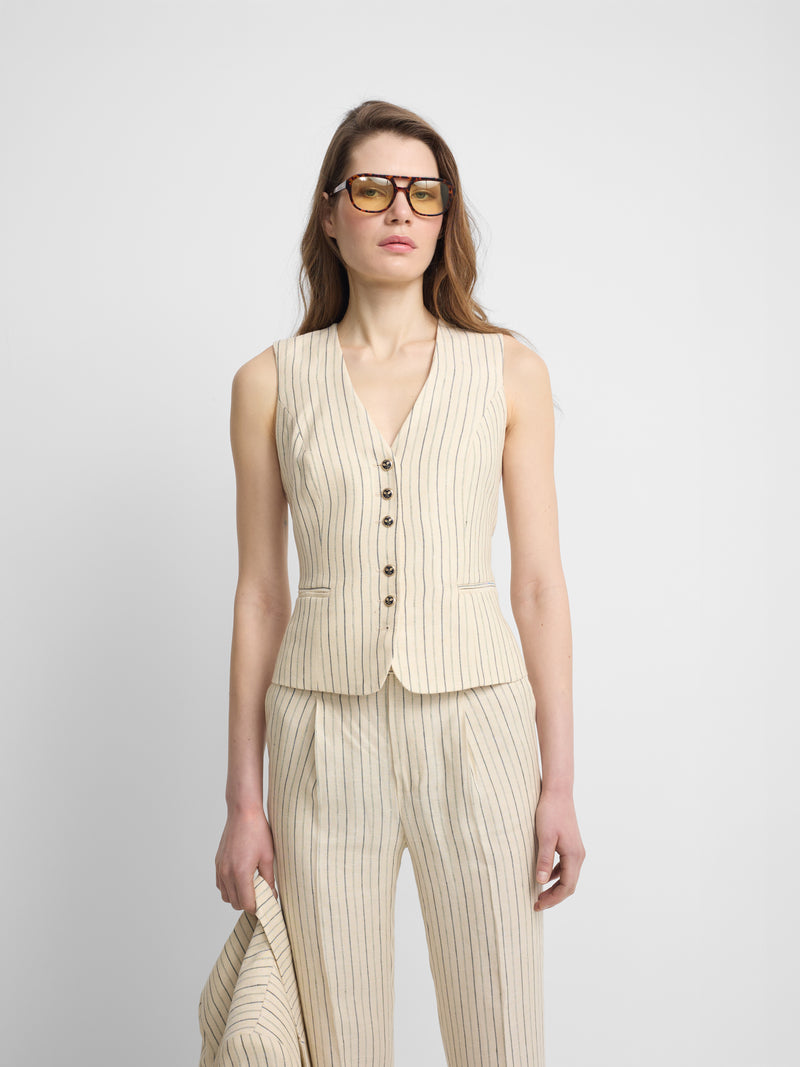 Gilet ouvert écru à rayures bleues