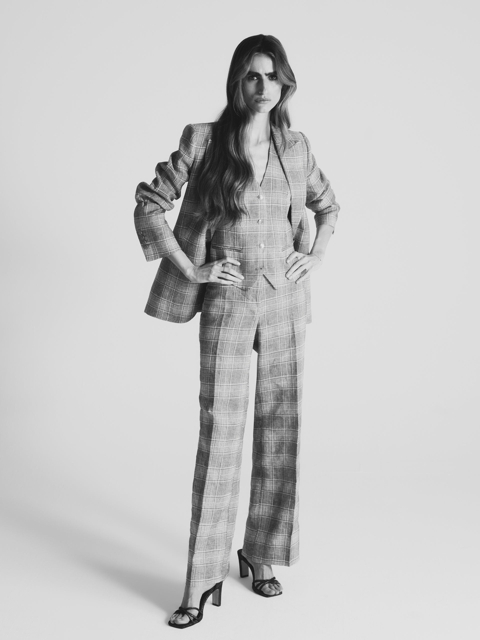 Straight navy plaid trousers