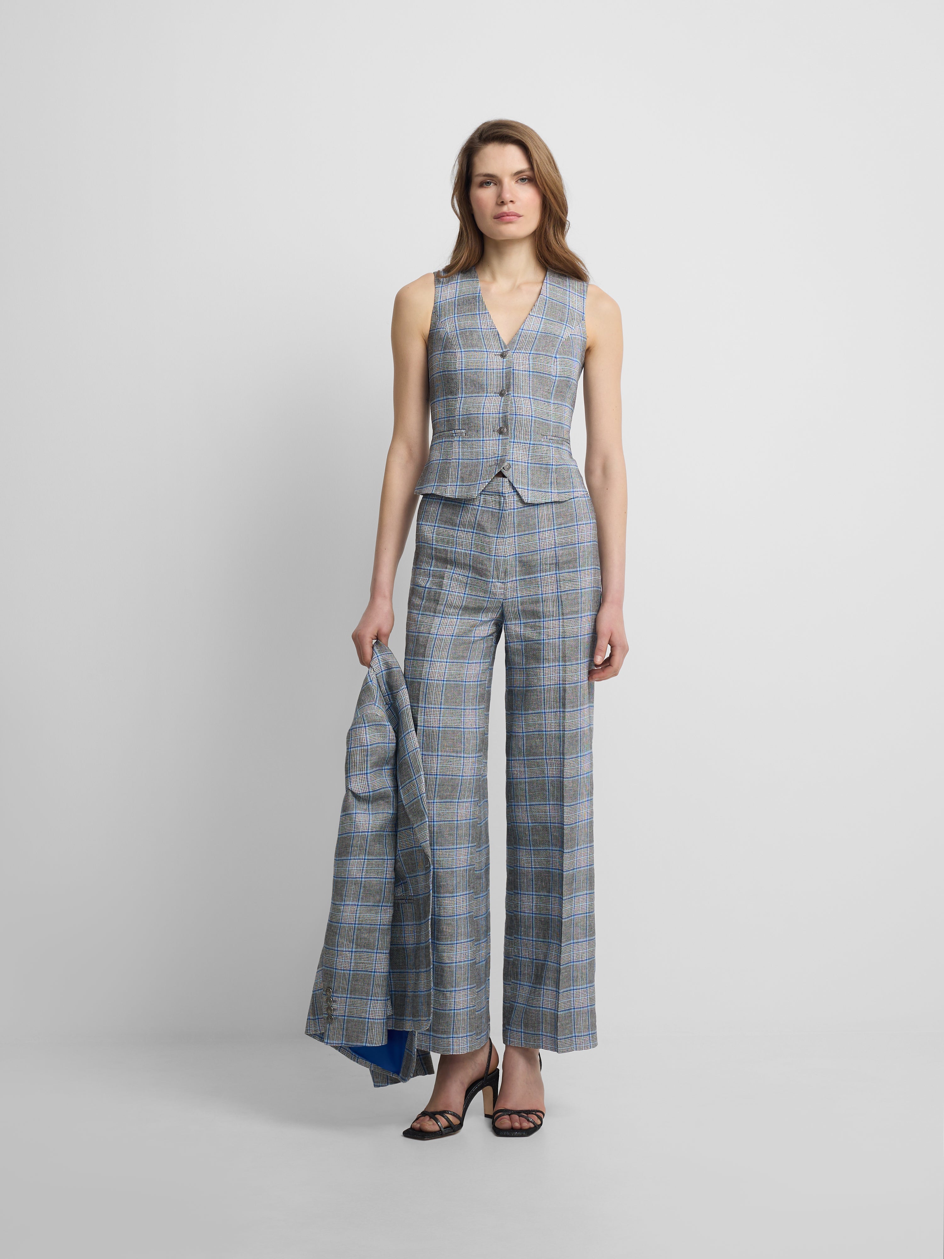 pantalon droit à carreaux bleu marine