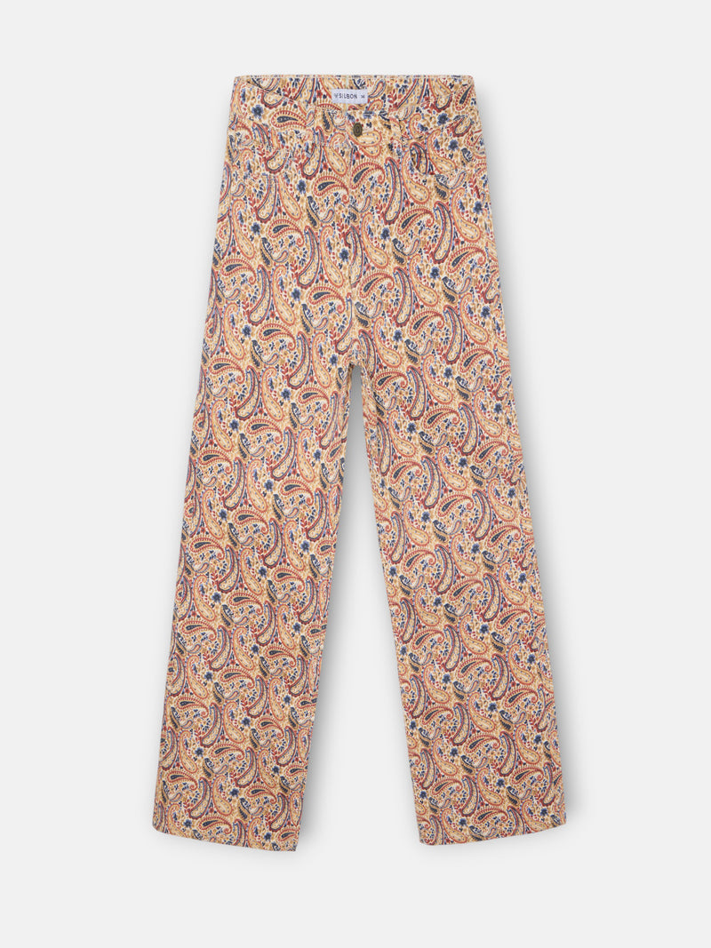 Calças de ganga estampadas com padrão paisley laranja