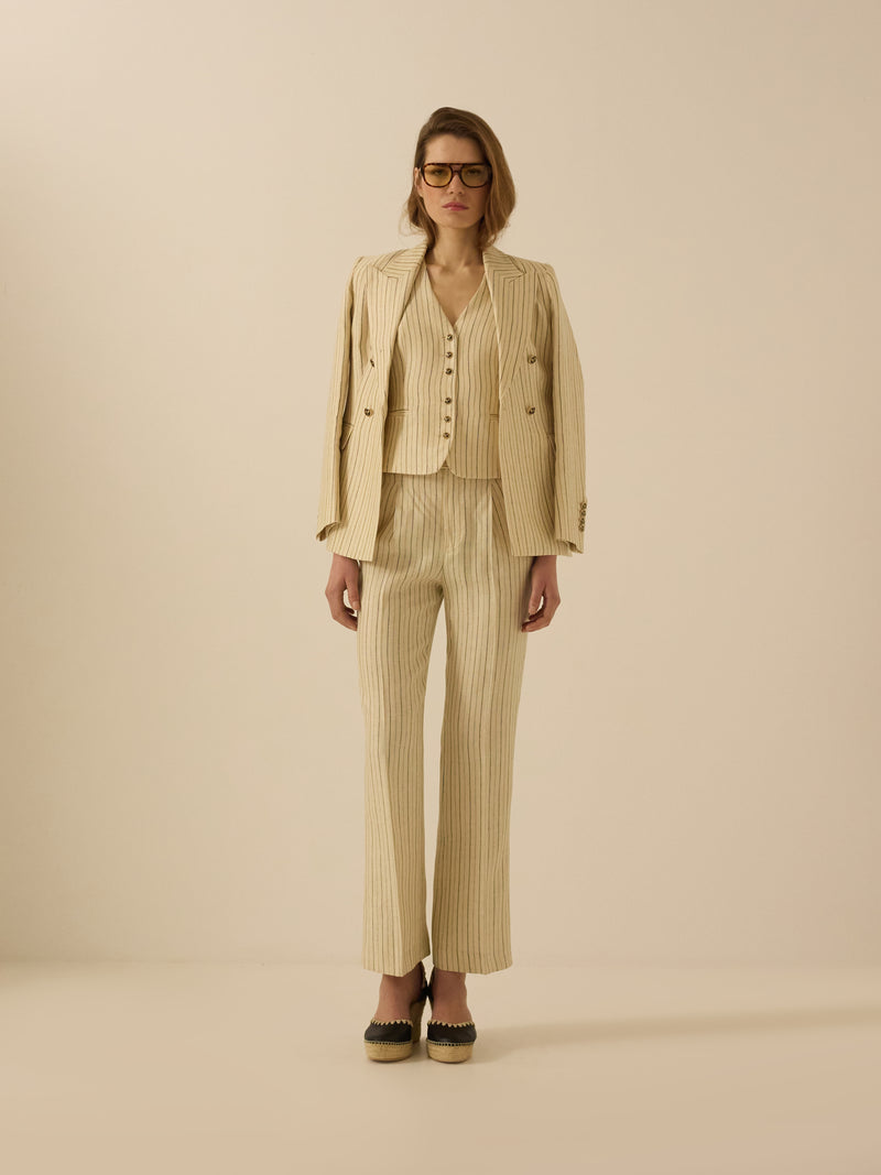 Pantalon écru à rayures bleues