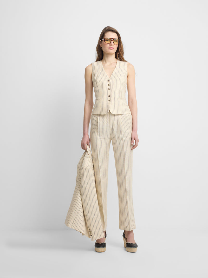 Pantalon écru à rayures bleues