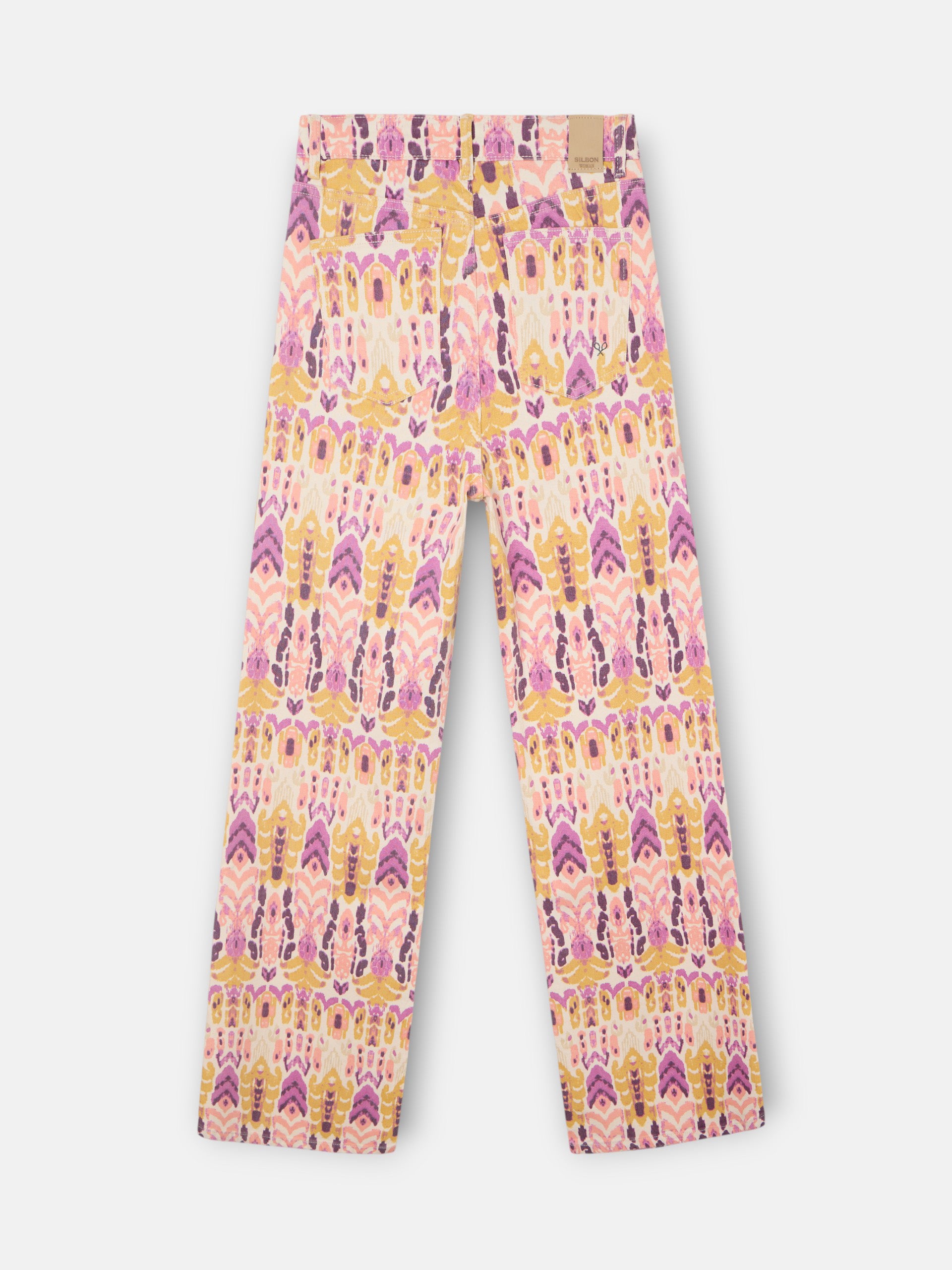 Pantalon denim estampado ikat rosas