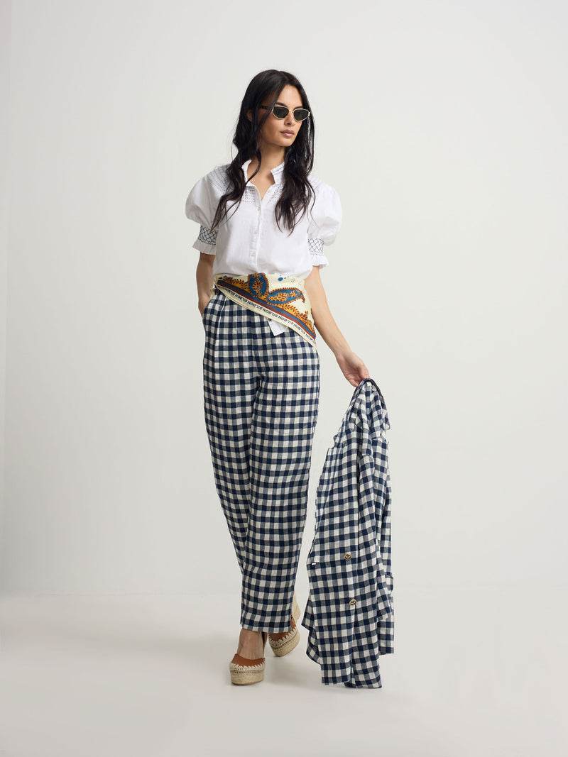 Navy vichy belt loop trousers