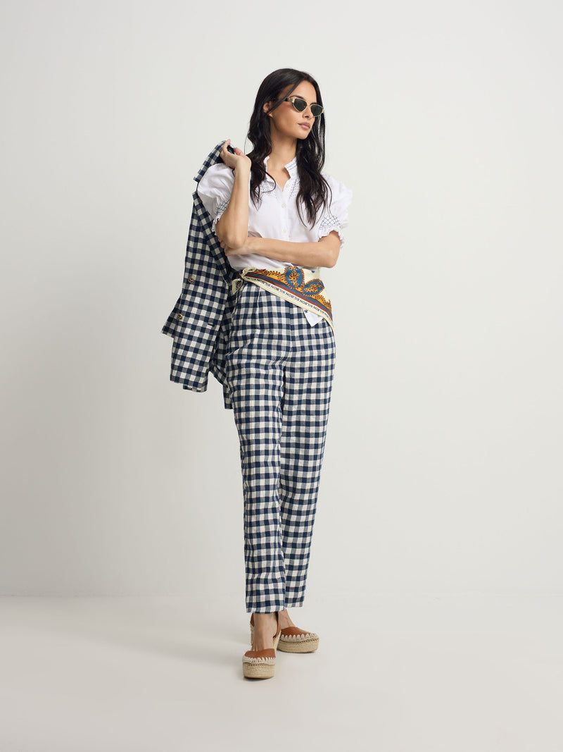 Navy vichy belt loop trousers