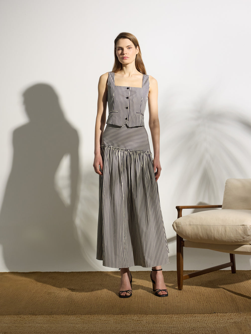 Jupe midi rayée bleu marine unique