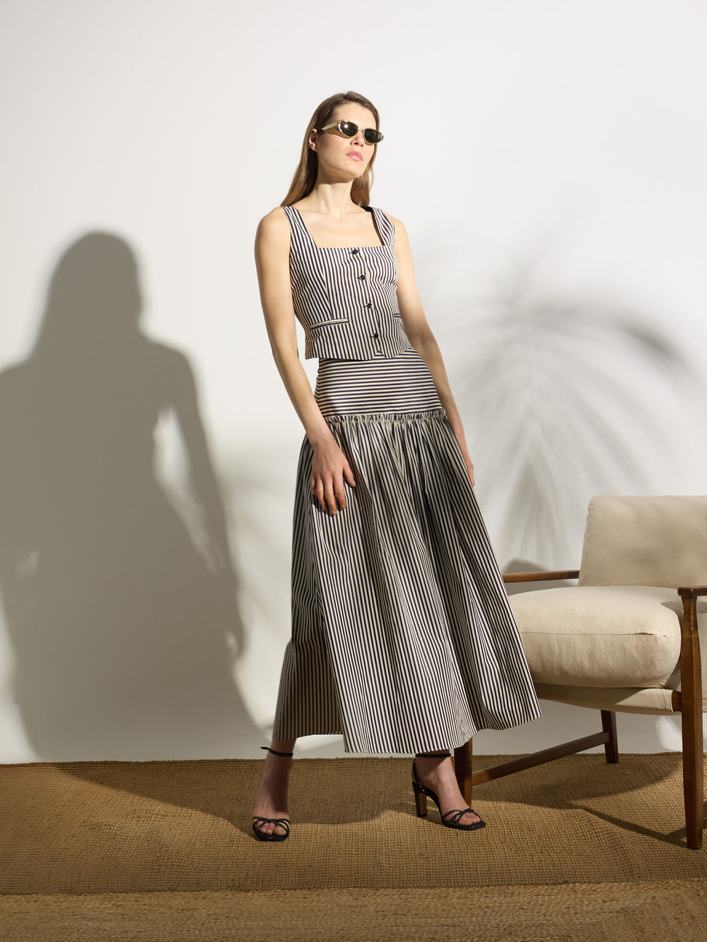 Jupe midi rayée bleu marine unique