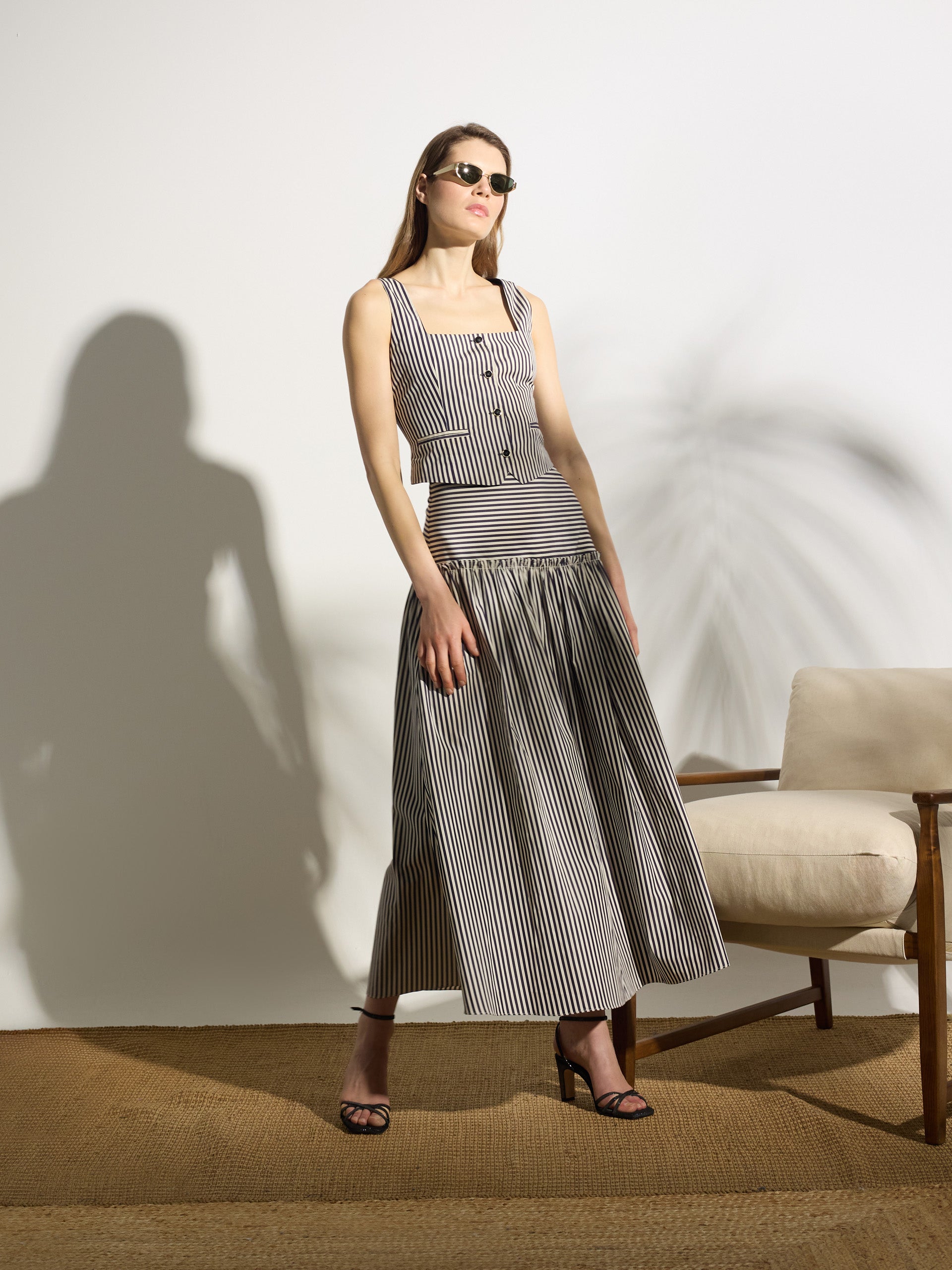 Falda midi unique rayas azul marino