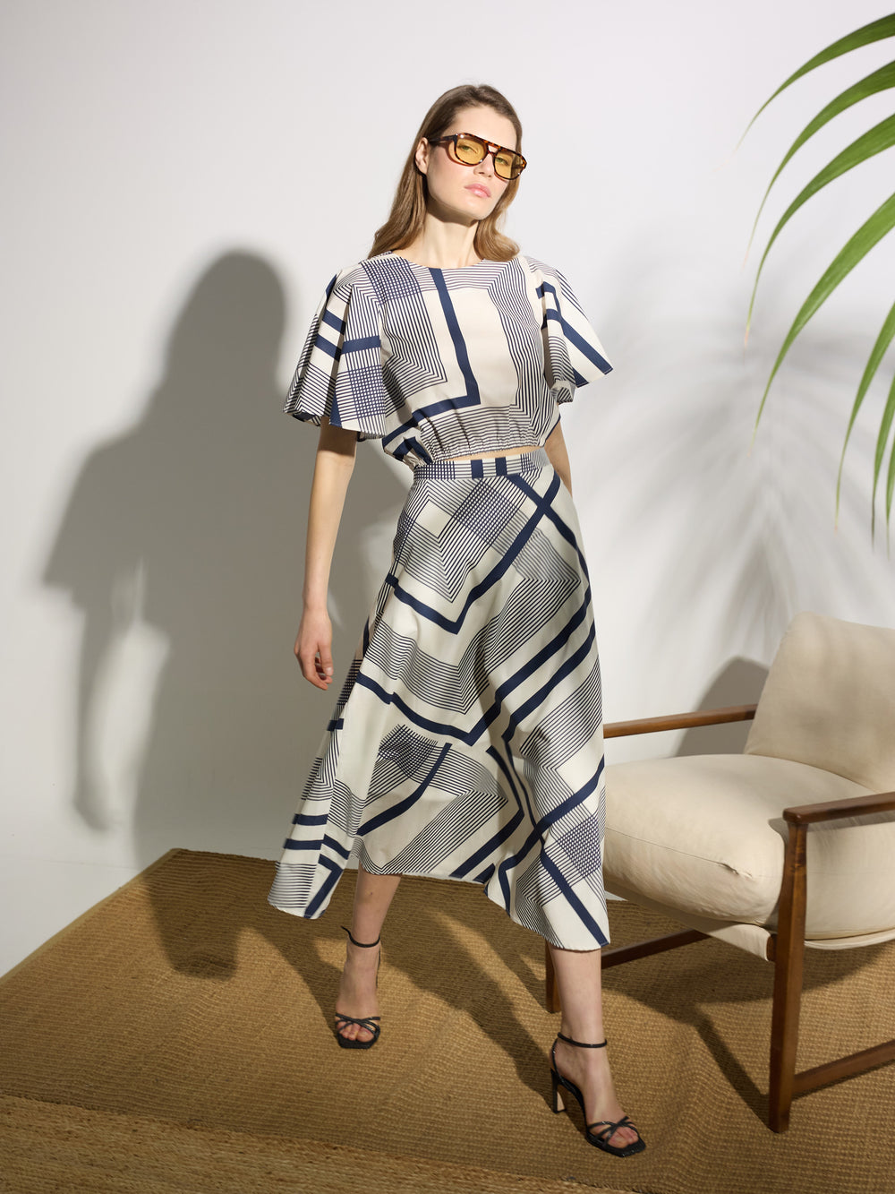 Jupe midi imprimée bleue unique