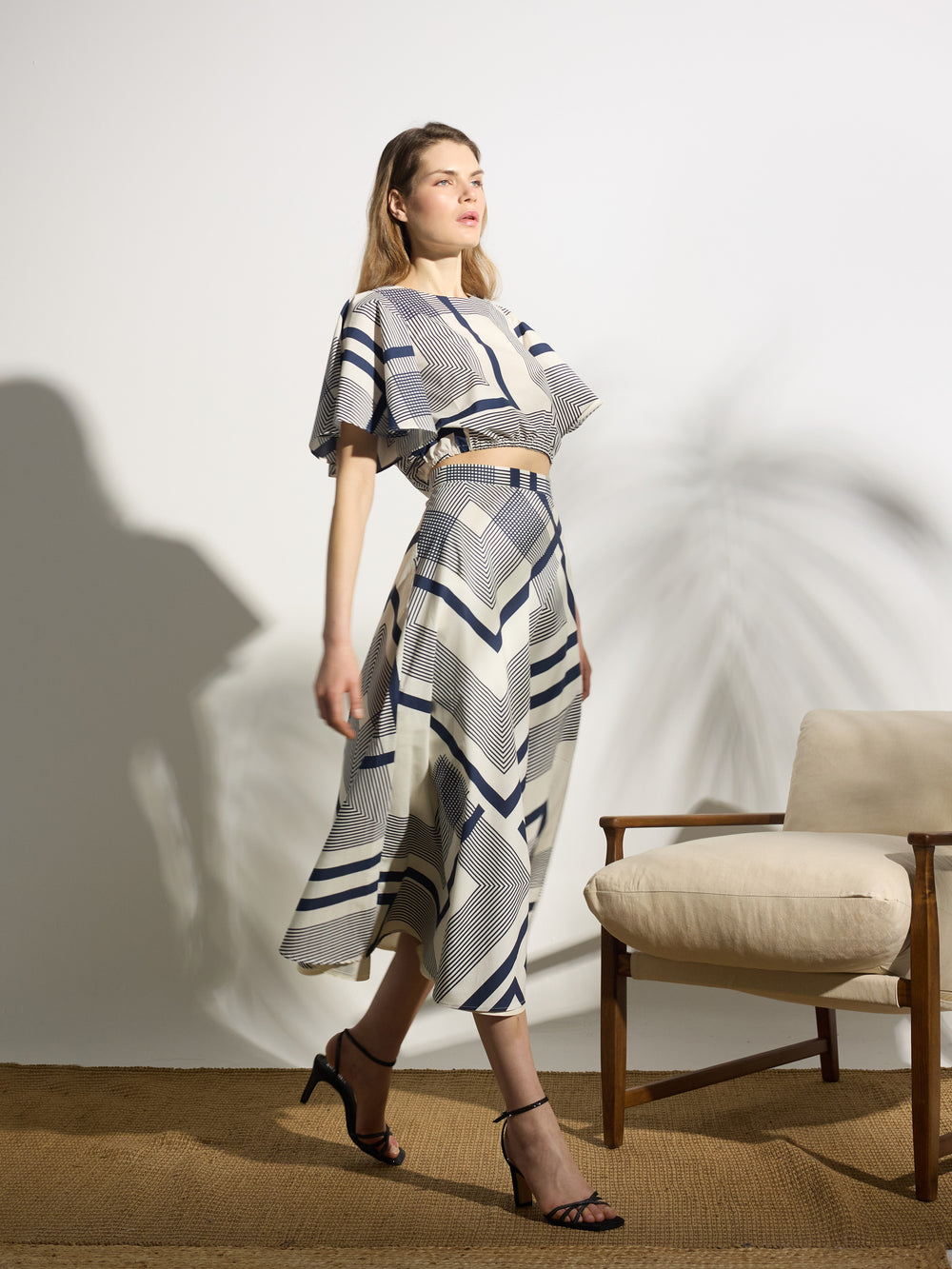 Jupe midi imprimée bleue unique