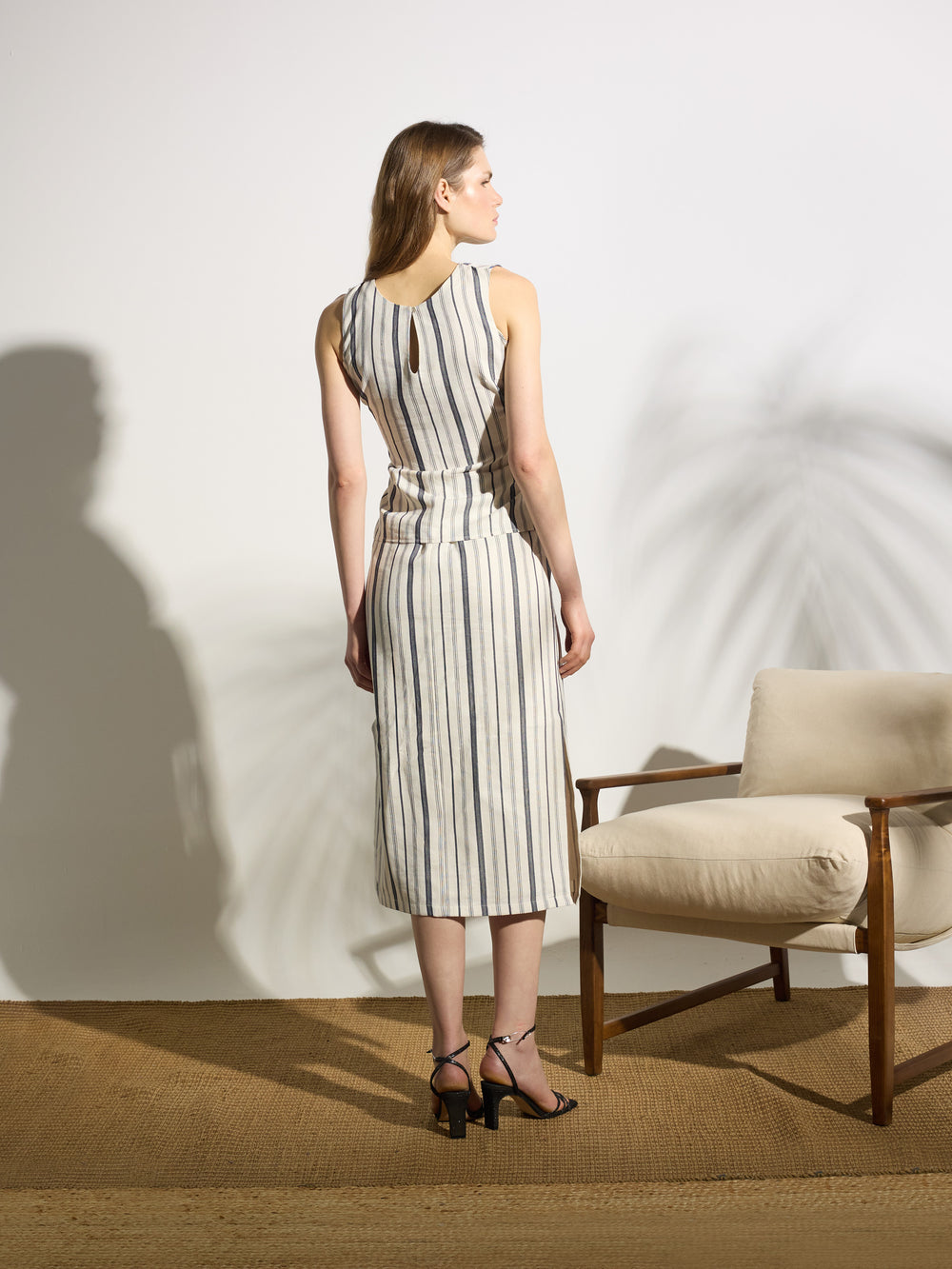 Jupe midi rayée bleue et beige unique