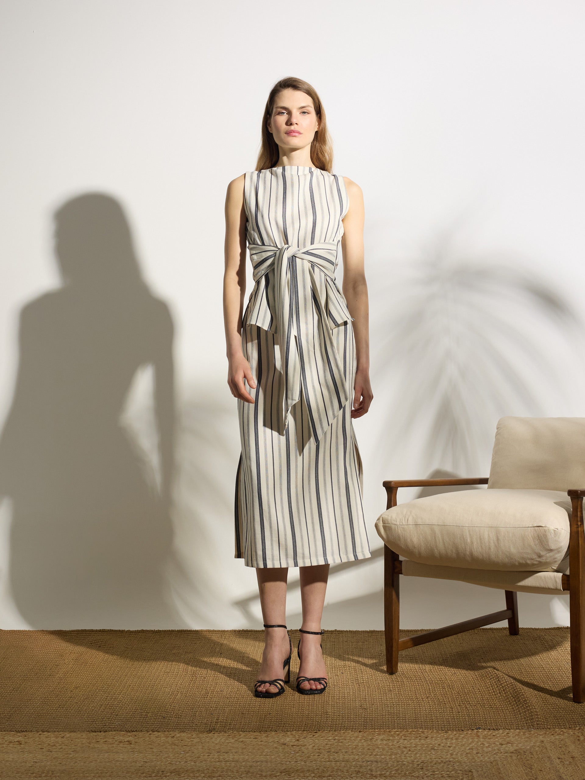 Falda midi unique rayas azul y beige