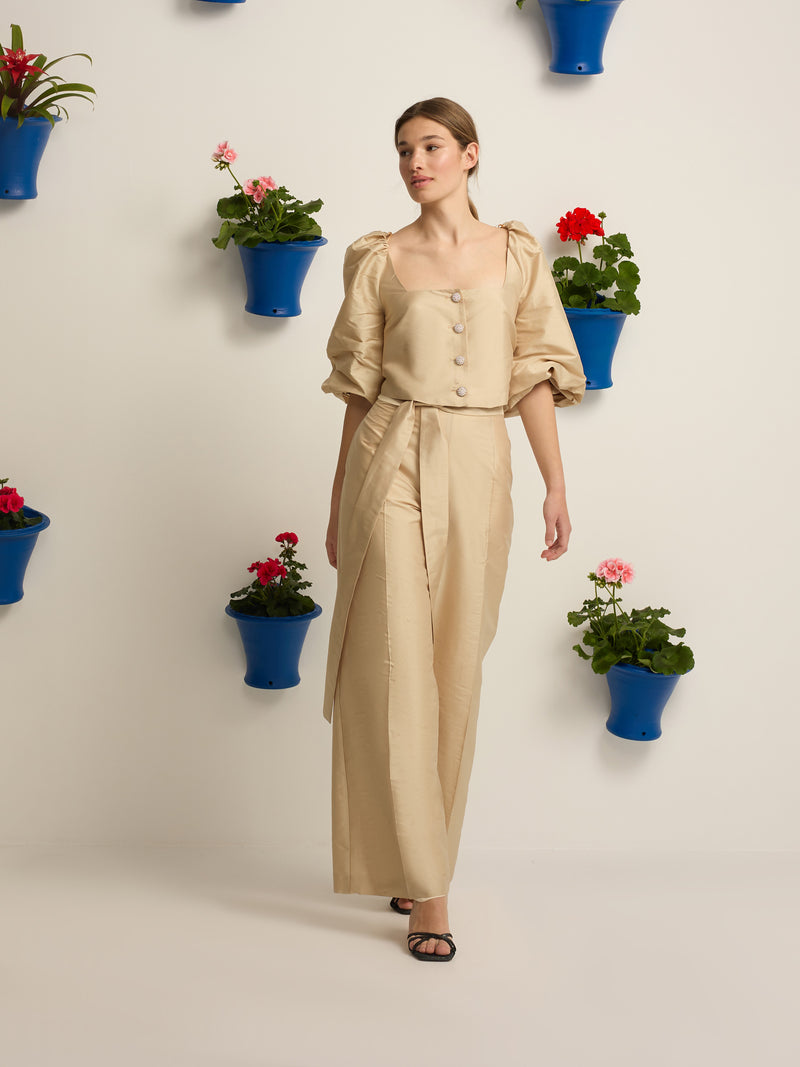 Beige taffeta event collection trousers