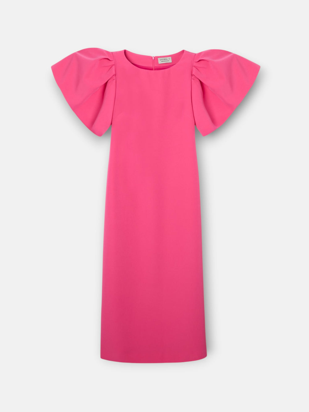 pink event collection midi dress with puff sleeves