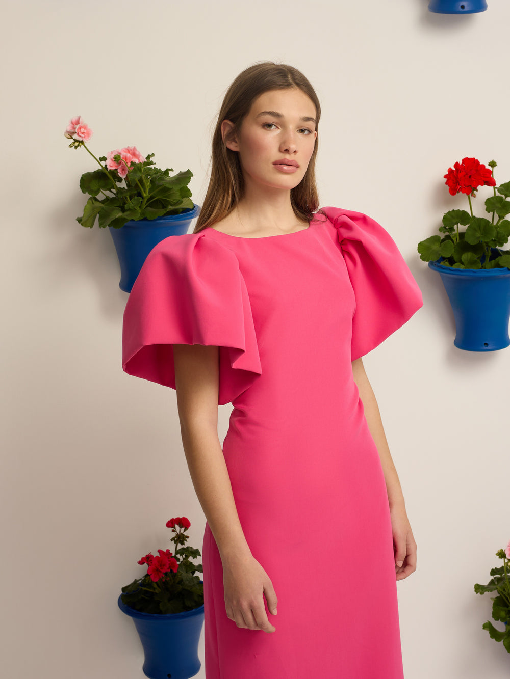 pink event collection midi dress with puff sleeves