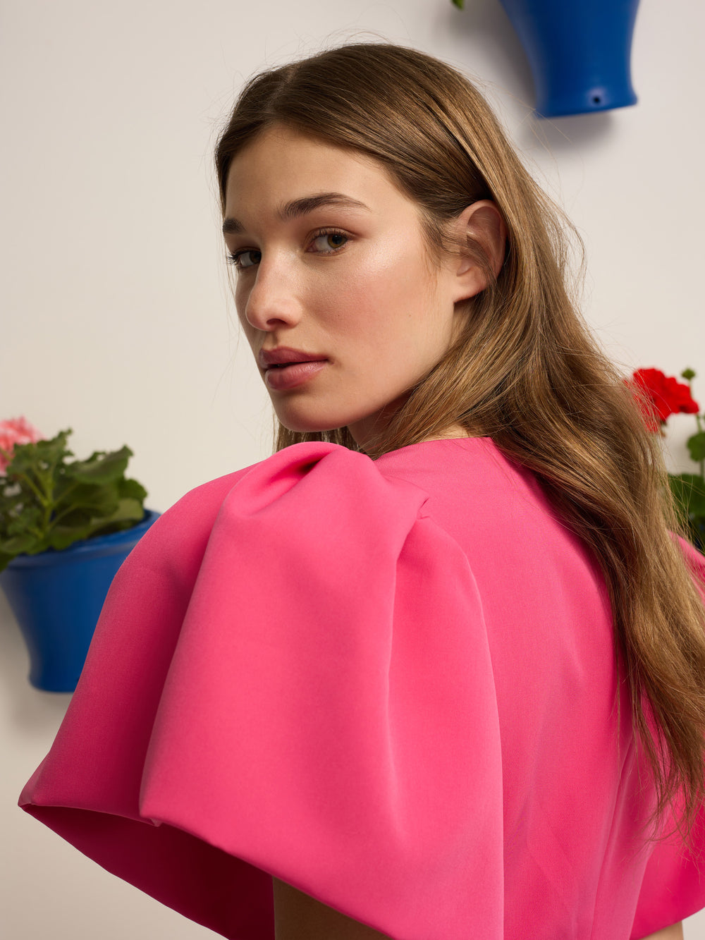 pink event collection midi dress with puff sleeves