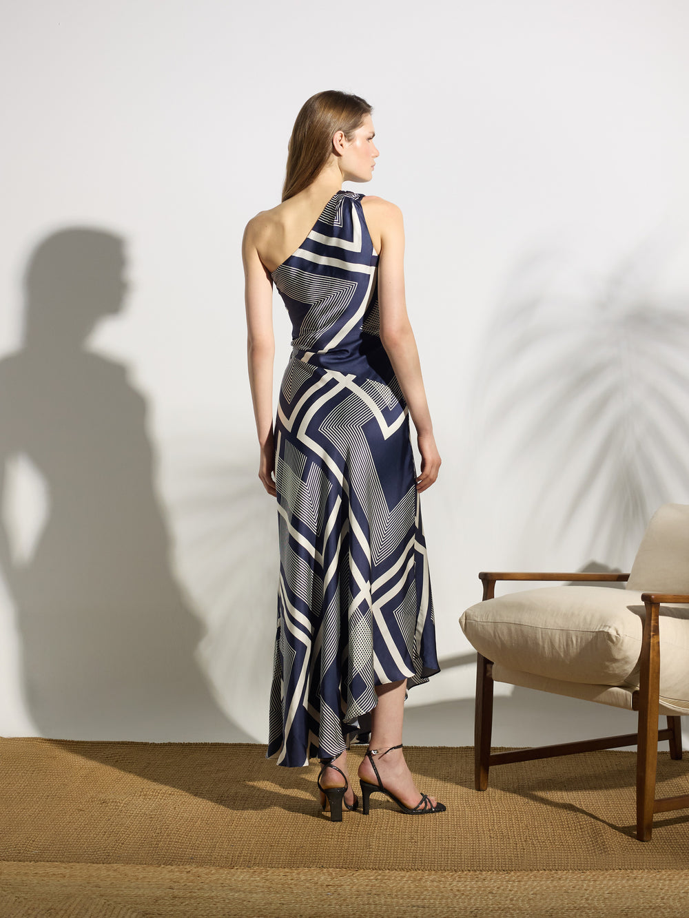 Robe midi asymétrique bleue imprimée unique