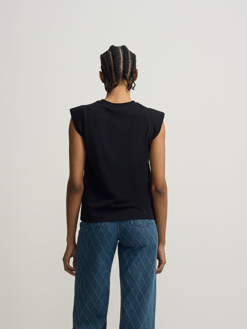 Camiseta woman negra hombreras aplicacion cristal