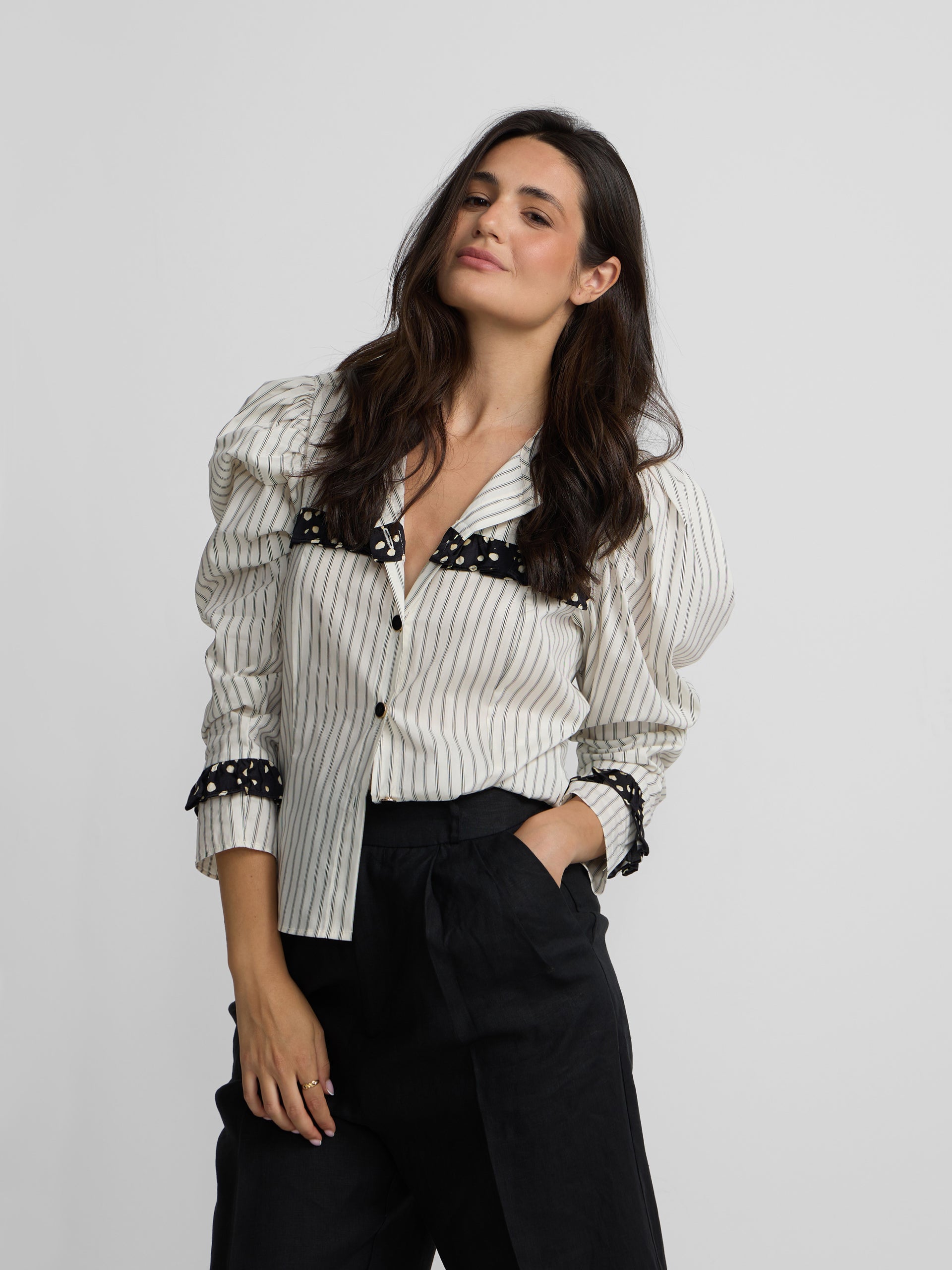 White shirt with combined stripes and polka dots print