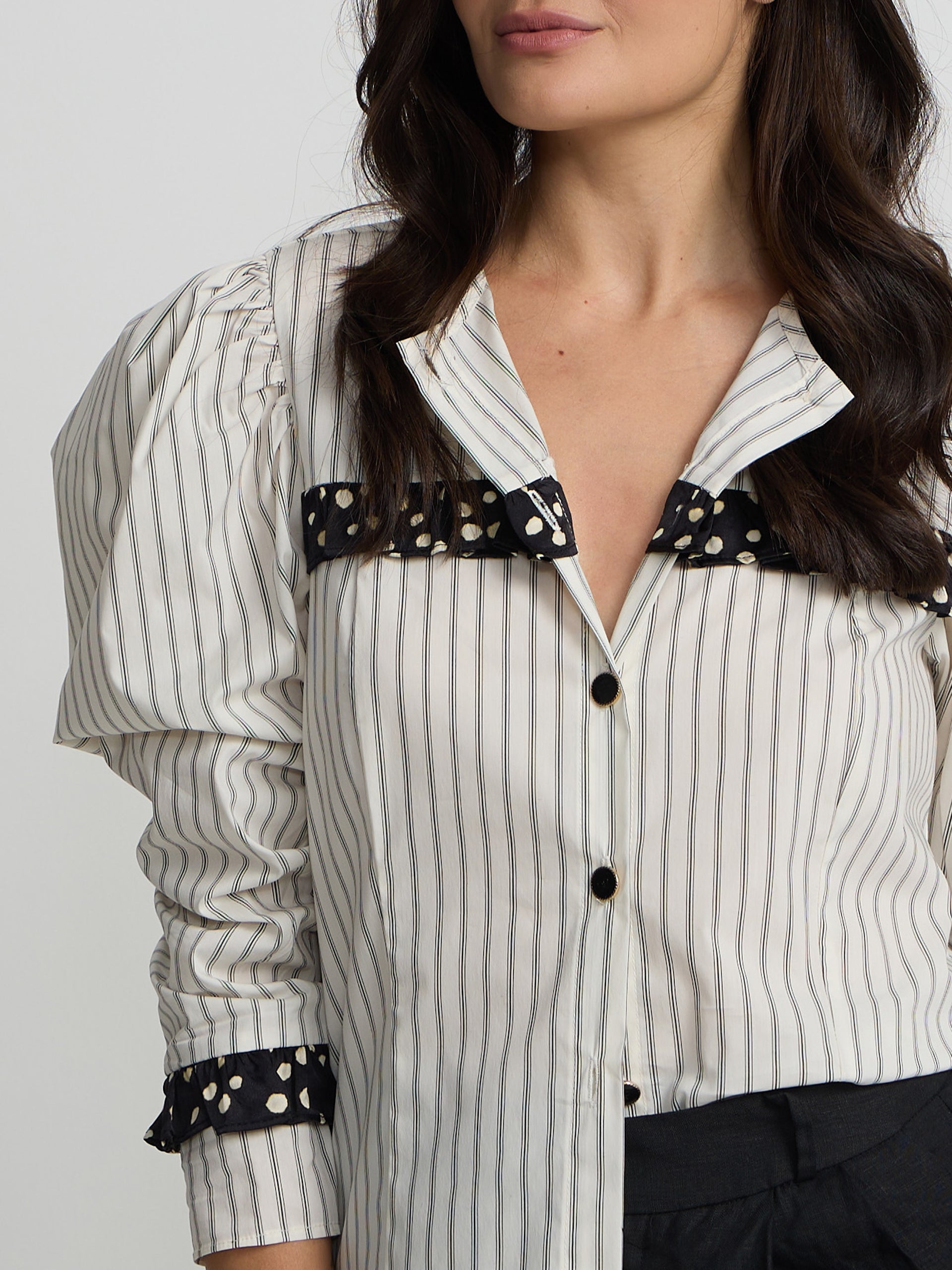 White shirt with combined stripes and polka dots print