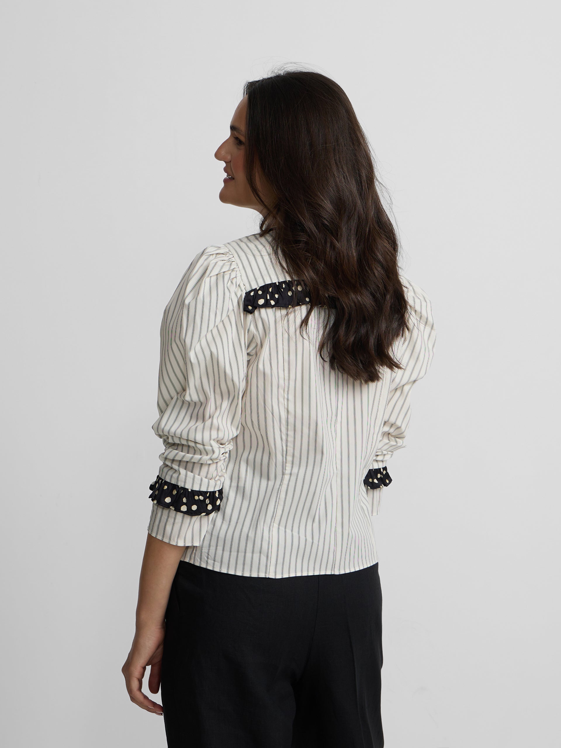 White shirt with combined stripes and polka dots print