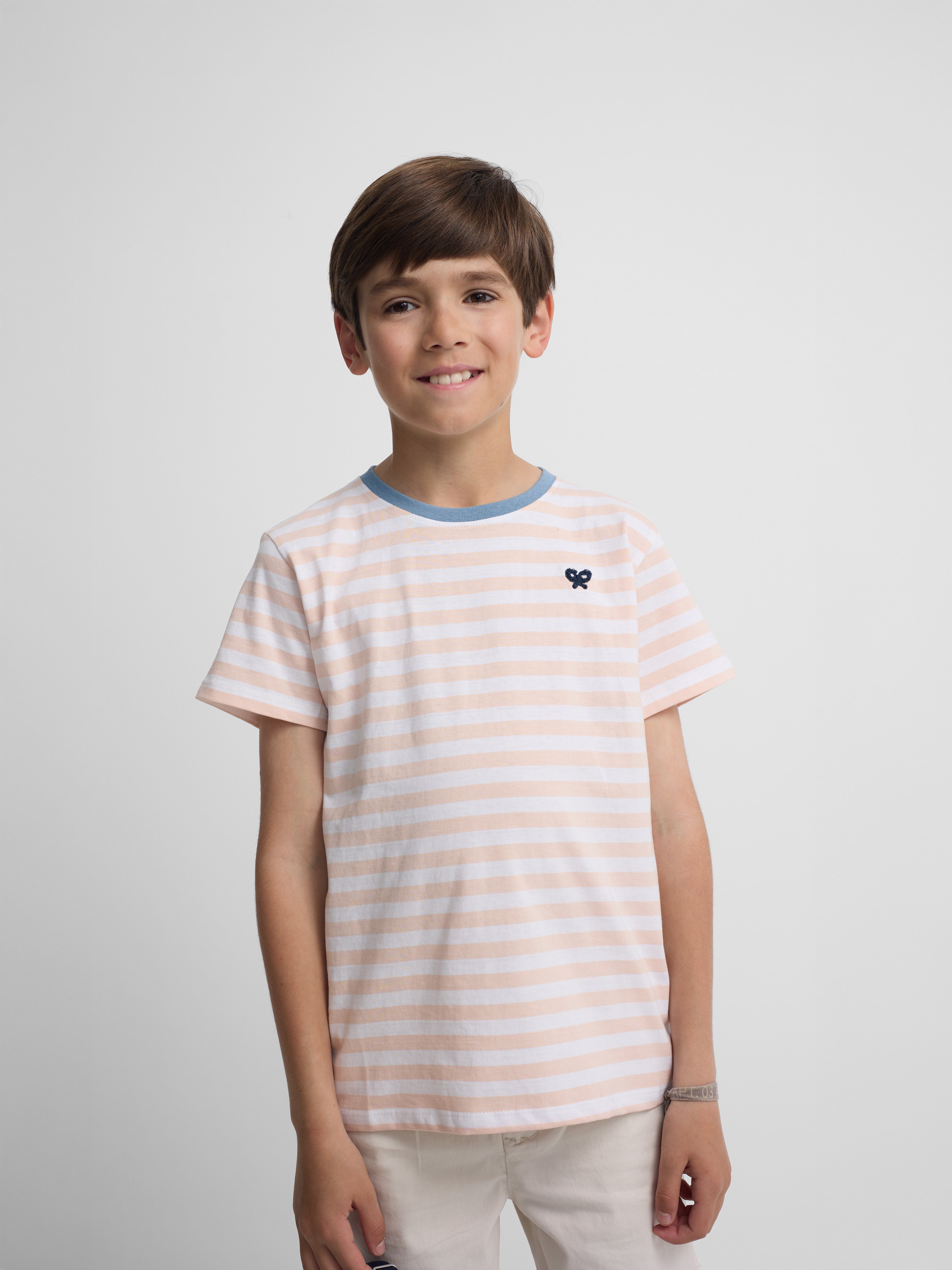 Camisola kids com debrum de riscas finas coral
