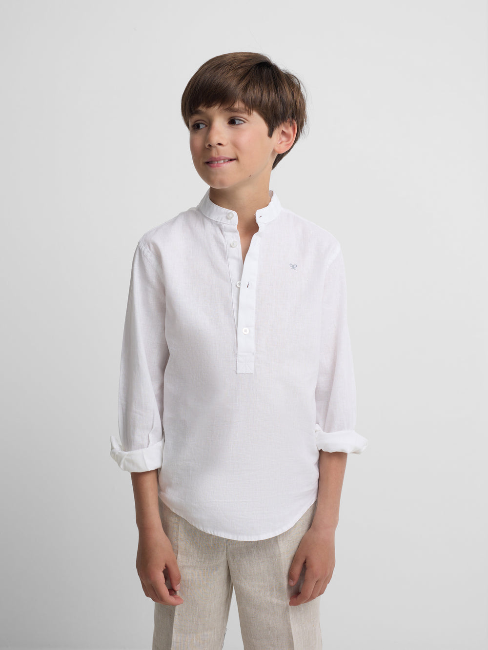 Chemise sport enfant en lin col mao blanc