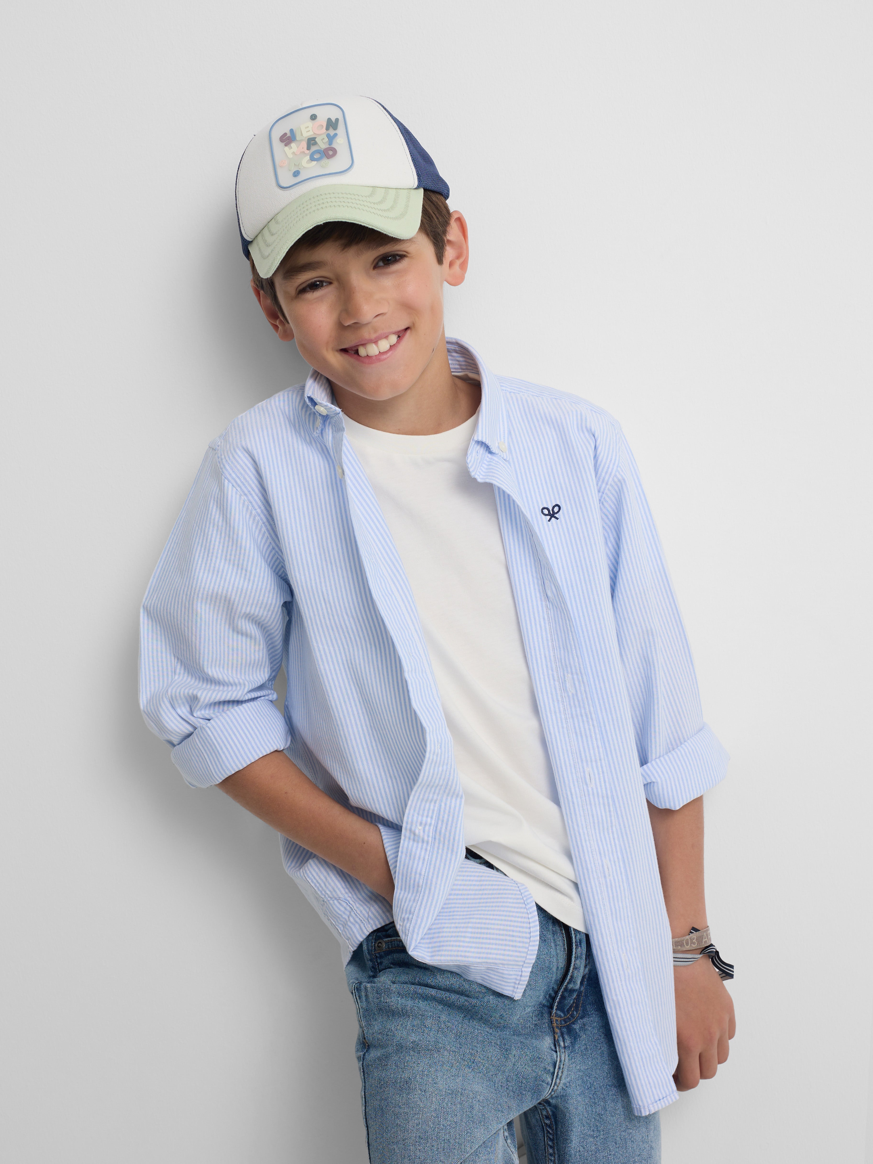 Camisa desportiva criança riscas oxford azul