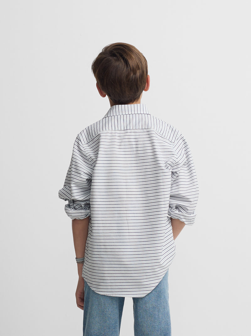 Camisa desportiva criança oxford risca creme azul-marinho