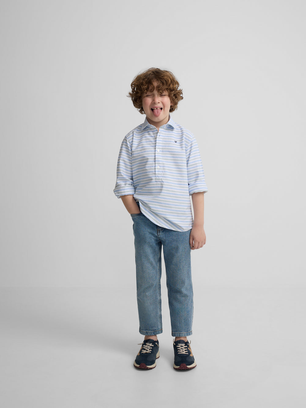 Chemise sport Oxford pour enfant, rayures vertes et bleues
