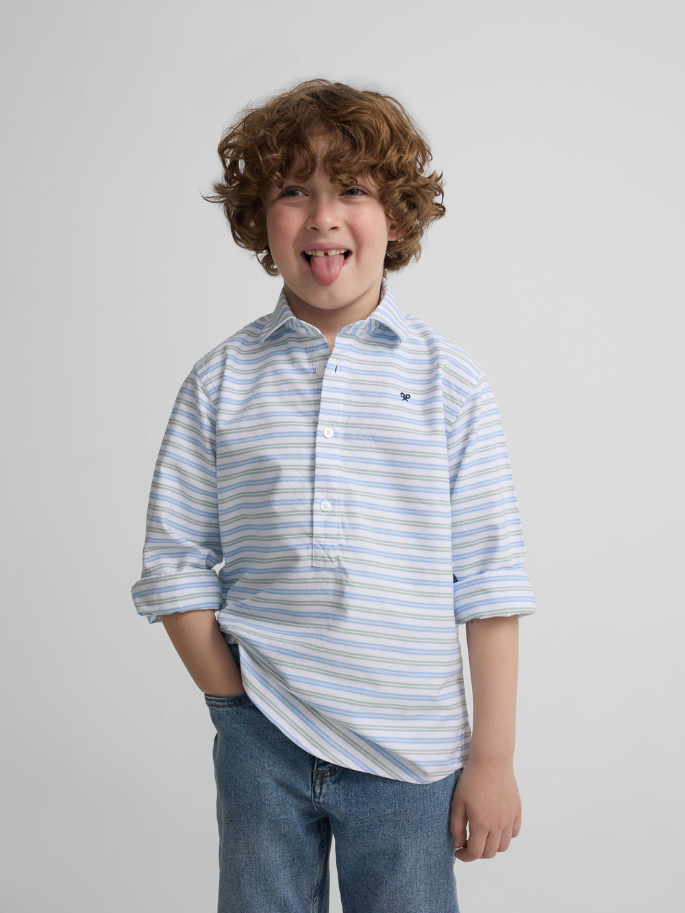 Chemise sport Oxford pour enfant, rayures vertes et bleues