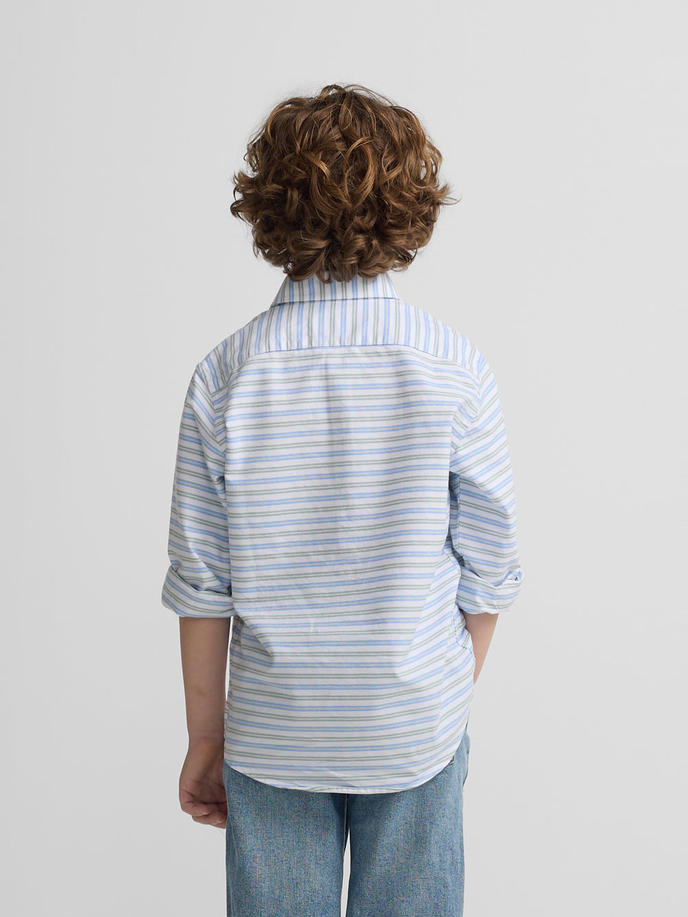 Chemise sport Oxford pour enfant, rayures vertes et bleues